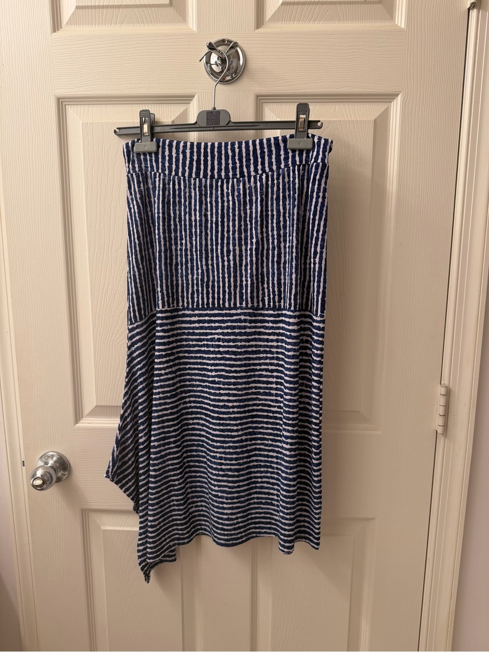 CLARA SUNWOO Navy and White Asymmetrical Striped Midi Skirt